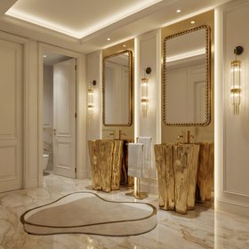 Bathroom | white and gold paint bathroom in marble finishes with Eden freestanding, Orbis wall mirror, Pharo crystal wall lamp, Blush neutral rug, Eden towel rack, and marble flooring