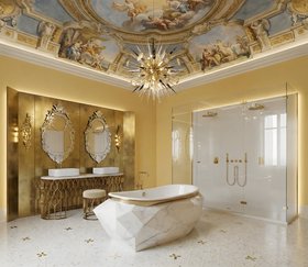 Bathroom | yellow paint bathroom in modern classic style with Diamond white marble bathtub, Mecca washbasin, Mecca stool, Outburst gold chandelier, Veneto rococo wall mirror, Cay wall lamp, shower, ceiling wallpaper, and marble flooring