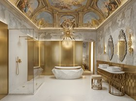 Bathroom | modern classic bathroom in palatial style with Diamond white marble bathtub, Mecca washbasin, Mecca stool, Outburst gold chandelier, Veneto rococo wall mirror, Cay wall lamp, shower, ceiling wallpaper, plaster wall, and marble flooring