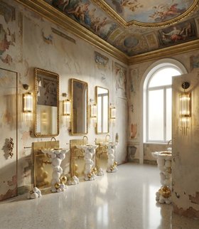 Bathroom | white marble bathroom in modern classic style with Newton freestanding, Orbis gold wall mirror, Pharo crystal wall lamp, Newton towel rack, ceiling wallpaper, and marble flooring