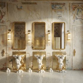 Bathroom | white marble bathroom in modern classic style with Newton freestanding, Orbis gold wall mirror, Pharo crystal wall lamp, Newton towel rack, plaster wall, door handle, and marble flooring