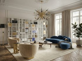 Living Room | autumn/winter reading corner in mid century modern style with Fitzroy blue sofa, Franco retro center table, Essex curvy armchair, White Garden neutral rug, Outburst gold chandelier, Coleccionista bookcase for storage, Miles floor lamp, blank