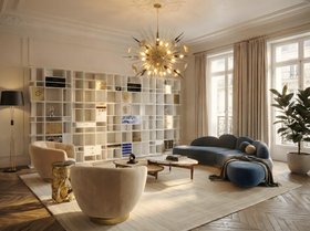 Living Room | autumn/winter reading corner in mid century modern style with Fitzroy blue sofa, Franco retro center table, Essex curvy armchair, White Garden neutral rug, Outburst gold chandelier, Coleccionista bookcase for storage, blanket, curtain, and w