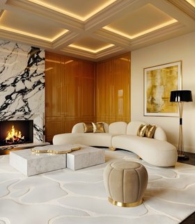 Living Room | autumn/winter reading corner in mid century modern style with Fitzroy curvy white sofa, Navarra marble center table, Cell rug, Miles retro dark floor lamp, Florence neutral stool, wall art, brown wood wall, and fireplace