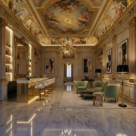 Living Room | luxury reading corner in mid century modern style with Andes curvy green armchair, Ophelia dark marble center table, Miles retro floor lamp, Mecca stool, Karoo bar chair, Outburst gold chandelier, rococo mirror, grey rug, ceiling wallpaper, 