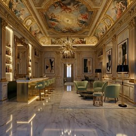 Living Room | luxury reading corner in mid century modern style with Andes curvy green armchair, Miles retro dark floor lamp, Karoo bar chair, Outburst gold chandelier, grey rug, ceiling wallpaper, and marble flooring