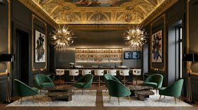 Living Room | luxury reading corner in mid century modern style with Andes curvy green armchair, Miles retro dark floor lamp, Karoo bar chair, Outburst gold chandelier, grey rug, ceiling wallpaper, and marble flooring