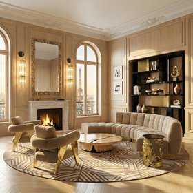 Living Room | autumn/winter reading corner in cosy elegant style with Essex curvy modular sofa, Cauca black and white rug, Cay gold wall mirror, Pharo crystal wall lamp, Empire poplar root center table, Cay side table, Ethereal armchair, Garrett dark book