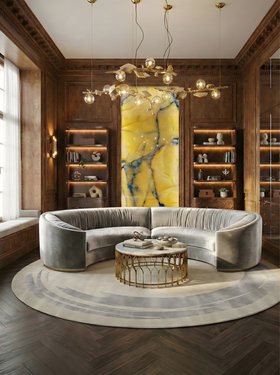 Living Room | brown paint reading corner in cosy neutral style with Wales curvy grey sofa, Mecca gold center table, Uzu round rug, Baraka bookcase for storage, Hera suspension lamp, Draycott wall lamp, marble wall, and wood flooring
