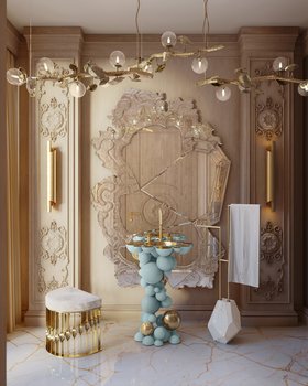 Bathroom | luxury service bathroom in wood and marble finishes with the Newton sky blue pedestal sink, Diamond towel rack, Venice rococo wall mirror, Mecca stool, Cyrus gold wall lamp, Hera suspension lamp, and marble flooring