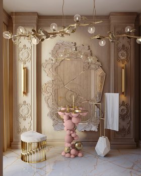 Bathroom | luxury service bathroom in wood and marble finishes with the Newton pink pedestal sink, Diamond towel rack, Venice rococo wall mirror, Mecca stool, Cyrus gold wall lamp, Hera suspension lamp, and marble flooring