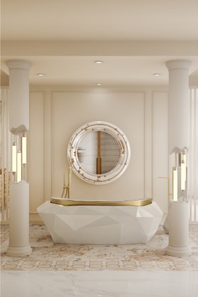 Bathroom | white paint bathroom in luxury modern style with Diamond bathtub, Belize wall mirror, floor lamp, and lavish flooring