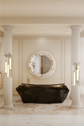 Bathroom | white paint bathroom in luxury modern style with Diamond dark bathtub, Belize wall mirror, floor lamp, and lavish flooring