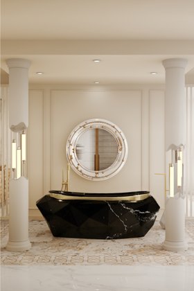 Bathroom | white paint bathroom in luxury modern style with Diamond dark marble bathtub, Belize wall mirror, floor lamp, and lavish flooring