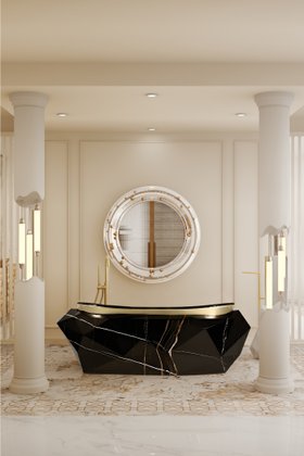 Bathroom | white paint bathroom in luxury modern style with Diamond dark marble bathtub, Belize wall mirror, floor lamp, and lavish flooring