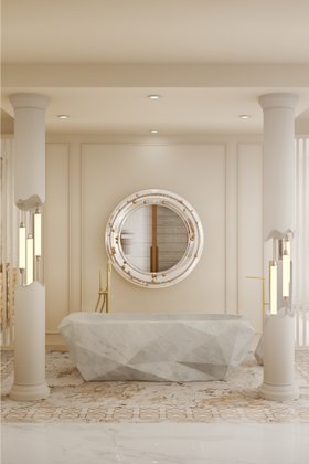 Bathroom | white paint bathroom in luxury modern style with Diamond marble bathtub, Belize wall mirror, floor lamp, and lavish flooring