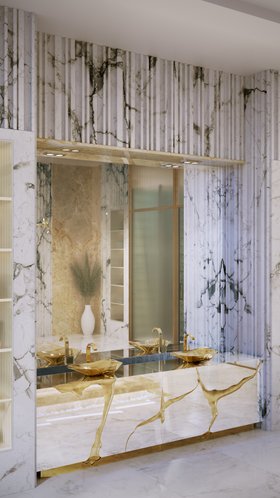 Bathroom | white marble bathroom in gold details with Lapiaz vessel sink, cabinet for storage, wall mirror, and marble flooring