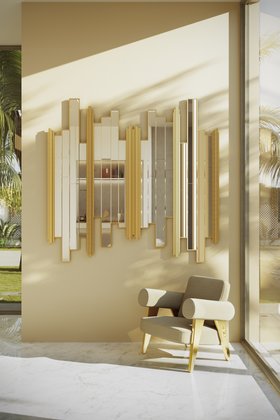 Bathroom | bathroom corner in gold details with Ethereal cosy armchair, wall mirror, and marble flooring