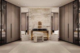 Bedroom Closet | marble bedroom closet with Symphony gold and dark vanity table for storage, Dara rug, Elara curvy armchair, floor mirror, wood flooring, and cabinet
