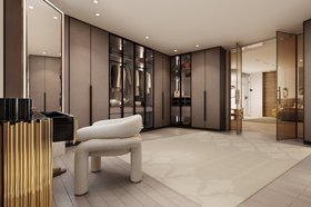 Bedroom Closet | bedroom closet with Elara curvy white armchair, Dara rug, cabinet for storage, and wood flooring