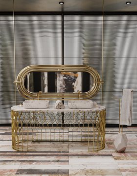 Bathroom | white marble bathroom with Mecca washbasin, Colosseum gold wall mirror, Diamond towel rack, and marble flooring