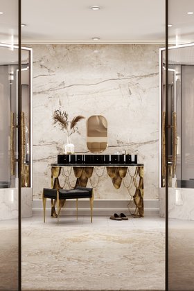 Bedroom | marble bedroom with Koi vanity table for storage, Stiletto dark stool, Poseidon neutral rug, and mirror