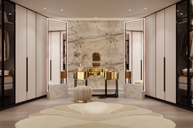 Bedroom Closet | marble bedroom closet with Sinuous gold vanity table for storage, Mermaid cosy rug, Florence retro stool, small mirror, floor mirror, cabinet, and wood flooring