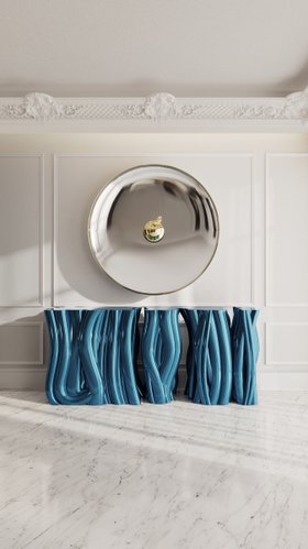 Hallway | exquisite entryway in modern classic style with Monochrome sky blue sideboard, Metamorphosis gold wall mirror, and white marble flooring