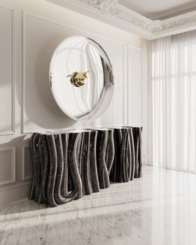 Hallway | exquisite entryway in modern classic style with Monochrome faux marble sideboard, Metamorphosis gold wall mirror, and white marble flooring