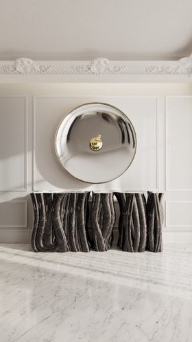 Hallway | exquisite entryway in modern classic style with Monochrome faux marble sideboard, Metamorphosis gold wall mirror, and white marble flooring