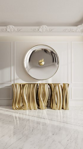 Hallway | exquisite entryway in modern classic style with Monochrome gold sideboard, Metamorphosis wall mirror, and white marble flooring