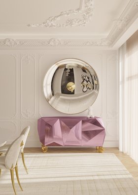 Hallway | exquisite entryway in modern classic style with Diamond Amethyst sideboard for storage, Metamorphosis gold wall mirror, and neutral rug