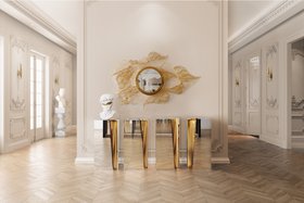Entryway | modern classic hallway with Lapiaz glass console for storage, Filigree gold wall mirror, sculpture, and wood flooring