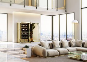 Living Room | mid century modern reading corner with Opus cosy modular sofa, Turner retro floor lamp, Millionaire gold wine luxury safe, Metamorphosis glass center table, cushion, and white marble flooring