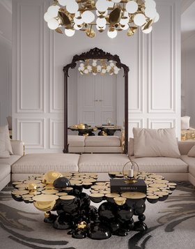 Living Room | cosy elegant reading corner in dark and gold tones with Newton center table, Imperfectio modular sofa, Louis XVI rococo floor mirror, Hera suspension lamp, and cushion