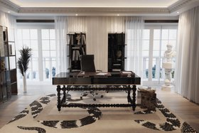 Office | luxury home office in modern classic style with Manu dark desk, Imperial Snake animal print rug, Monochrome marble side table, Tower bookcase for storage, office chair, wood flooring, and curtain