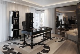 Office | luxury home office in modern classic style with Manu dark desk, Imperial Snake animal print rug, Tower bookcase for storage, office chair, wood flooring, and curtain