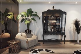 Office | luxury home office in modern classic style with Palace dark display case for storage, Soleil cosy neutral armchair, Monochrome marble side table, vase, and wood flooring