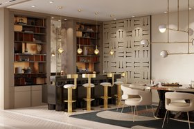 Open Space | mid century modern kitchen dine area with Kelly retro gold bar stool, Niku pendant lamp, Shinto dark sideboard, Lallan bookcase for storage, Ellen curvy dining chair, Prisma geometric rug, Laine suspension lamp, wall art, and wood flooring