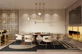 Dining Room | mid century modern dining area with Ellen curvy white dining chair, Prisma geometric rug, Laine retro gold suspension lamp, Plateau brown wood dining table, fireplace, tv area, and wood flooring