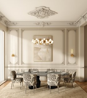 Dining Room | cosy elegant dining area in modern classic style with Dalyan black and white dining chair, Pietra dark marble dining table, Hera gold suspension lamp, White Garden neutral rug, Cubic sconces wall lamp, rococo wall decor, and wood flooring