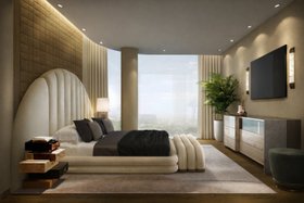 An Upscale Apartment in India | guest bedroom in luxury modern style with Berenson velvet bed, Frank bedside table, Turner white ottoman, Algerone sideboard for storage, Spear wall lamp, Margaux table lamp, rug, curtain, vase, and wood flooring