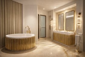 An Upscale Apartment in India | gold master bathroom in luxury style with Symphony bathtub, Symphony washbasin, Orbis wall mirror, Pharo crystal wall lamp, Eden towel rack, curtain, and marble flooring