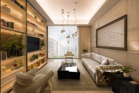 An Upscale Apartment in India | modern classic sitting room with Imperfectio cosy white sofa, Ethereal curvy armchair, Beyond dark marble center table, White Garden neutral rug, Hera gold suspension lamp, cabinet for storage, wall art, and curtain