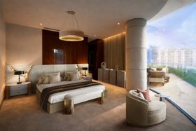 An Upscale Apartment in India | master bedroom in mid century modern style with Lapiaz luxury bed, Empire bedside table, Matheny retro gold chandelier, Miles dark table lamp, Empire ottoman, Tenor sideboard for storage, Otto curvy armchair, and cosy rug