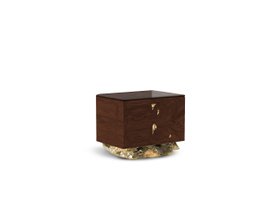 Bedroom Storage | Angra walnut wood small nightstand in gold details
