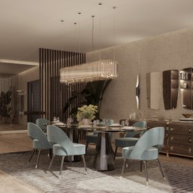 Dining Room | spring/summer decor in retro style with the Collins curvy blue dining chair, Matheny gold chandelier, Coltrane wall lamp, Wilde set of wall mirrors, and cosy rug with stripes