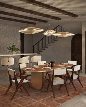 Dining Room | spring/summer decor in retro style with Federico brown dining chair, Ezra walnut wood dining table, Terracotta rug, Kapsule gold suspension lamp, Isadora counter stool, stone wall, staircase, and vase