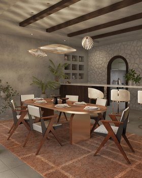 Dining Room | kitchen dine in country cottage style with Federico retro brown dining chair, Ezra walnut wood dining table, Terracotta rug, Kapsule gold suspension lamp, Isadora counter stool, stone wall, and vase