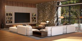 Living Room | mid century modern reading corner in cottage country style with Denis cosy white modular sofa, Iggy curvy floor lamp, brown wood side table, tv area, shelves for storage, wood wall panel, stone wall, and wood flooring